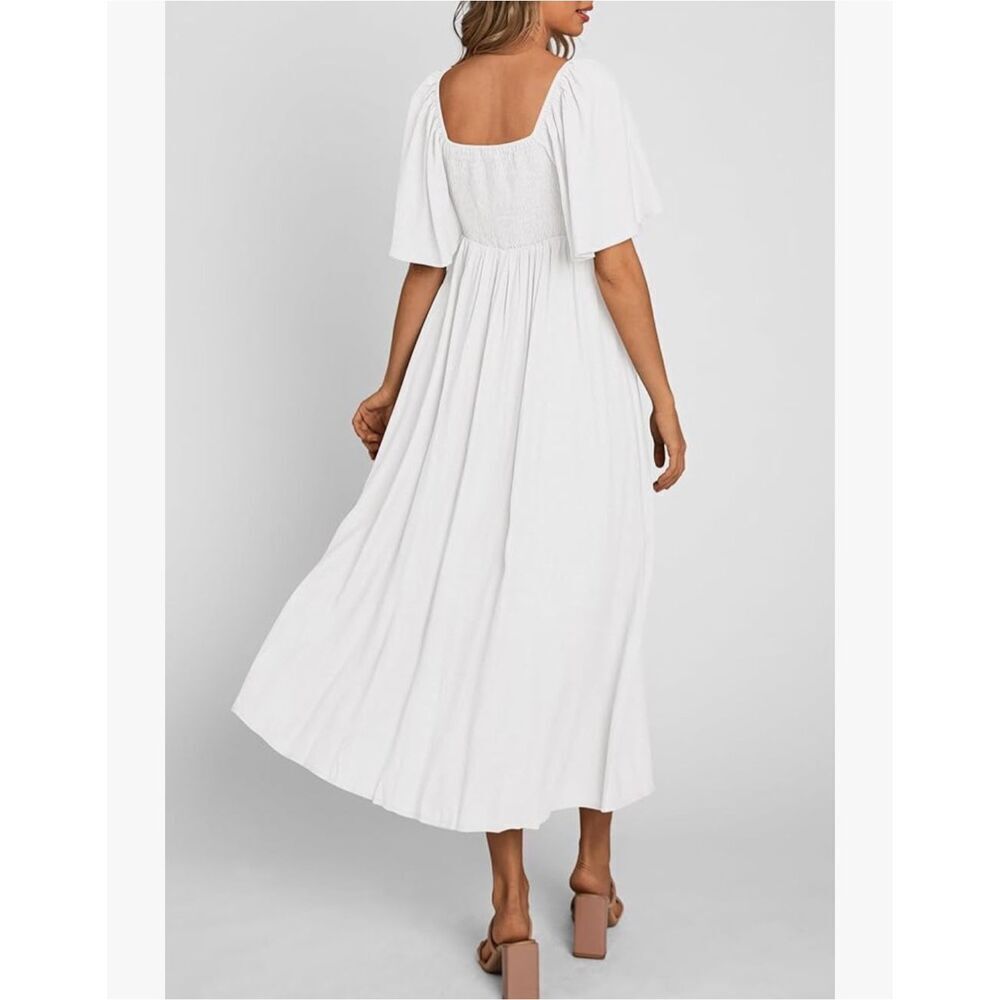 NEW Short Sleeve Bow Tie V Neck Ruffle Midi Flowy Dress L - Picture 2 of 7